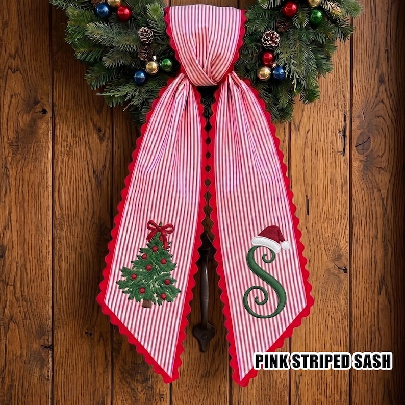 Custom Embroidery Christmas Tree Santa Name Wreath Sash, Personalize Monogram Bow Christmas Decor, Stripe Ribbon Bow