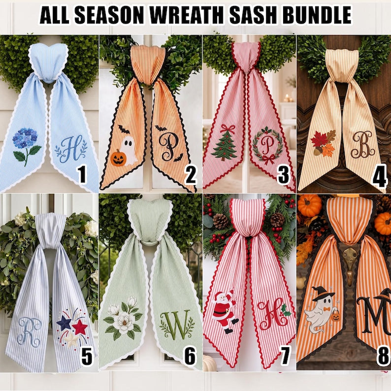 Custom All-season Monogram Bow Wreath Sash Bundle, Personalized Halloween Christmas Bow, Holiday & Everyday Door Decor
