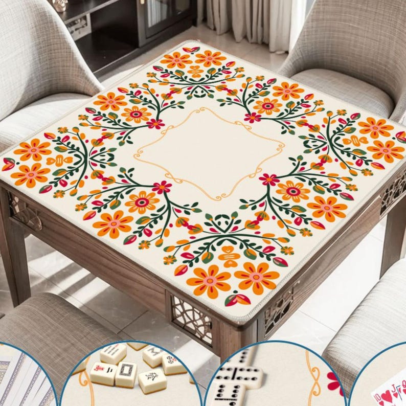 Retro Floral Mahjong Mat, Orange Flower Mahjong Table Mat, Folk Art Game Mat, Vintage Inspired Mahjong Mat