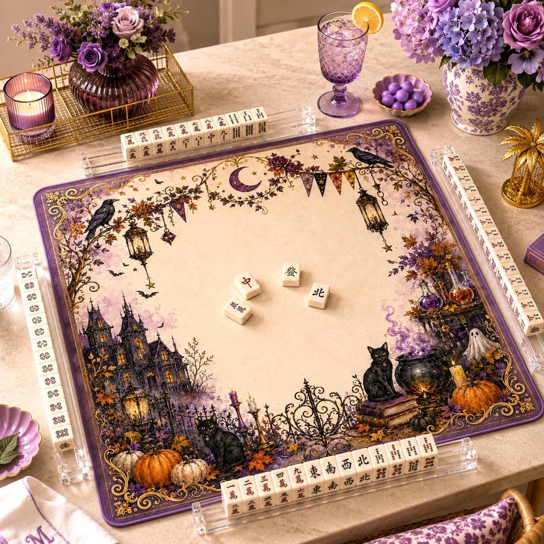 Whimsical Halloween Mahjong Mat, Spooky Autumn Game Board & Table Cover, Gothic Watercolor Art Playmat