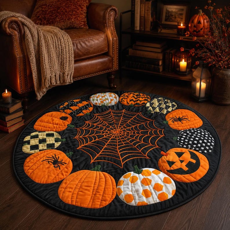 Halloween Pumpkin Round Rug, Spider Web Area Rug, Quilt Style Fall Floor Mat, Jack O Lantern Spooky Home Decor