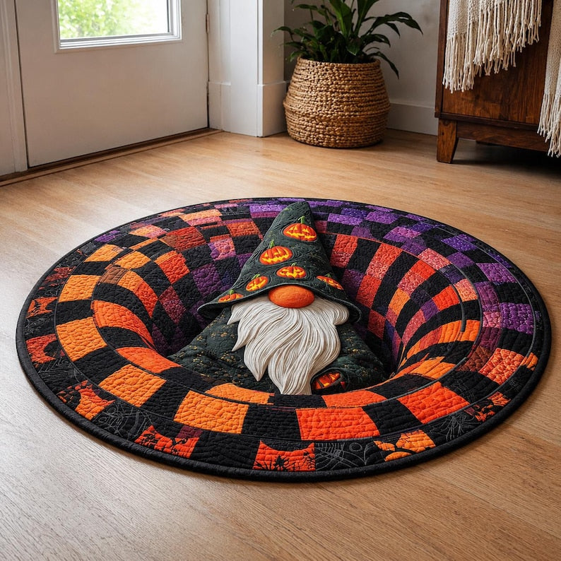 Halloween Gnome 3D Illusion Round Rug, Patchwork Witch Hat Floor Mat