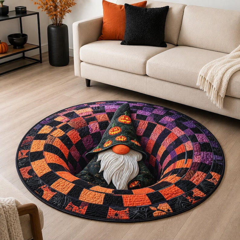 Halloween Gnome 3D Illusion Round Rug, Patchwork Witch Hat Floor Mat