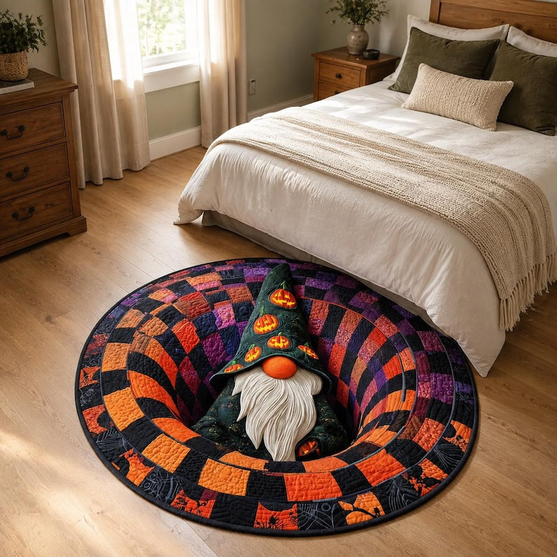 Halloween Gnome 3D Illusion Round Rug, Patchwork Witch Hat Floor Mat