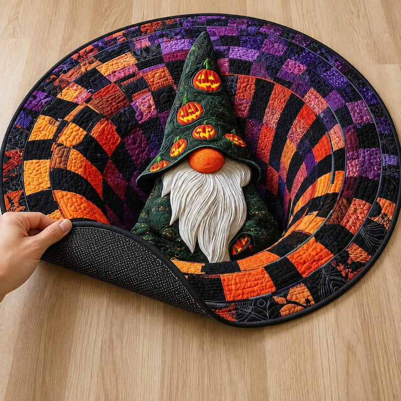 Halloween Gnome 3D Illusion Round Rug, Patchwork Witch Hat Floor Mat