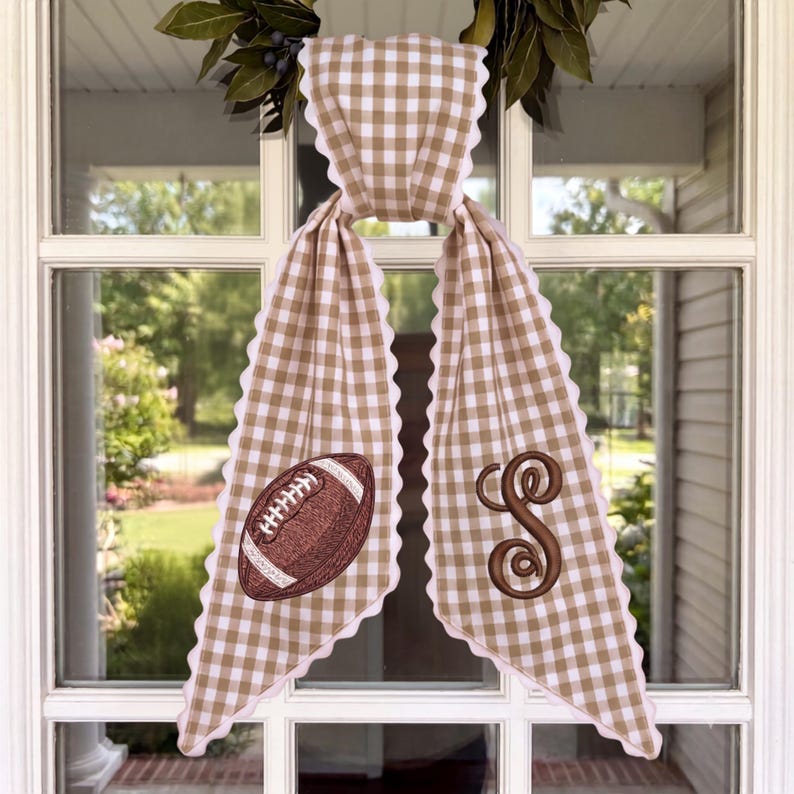 Tailgate Fall Porch Decor, Tan Checkered Sash with Embroidered Football & Custom Monogram Initial
