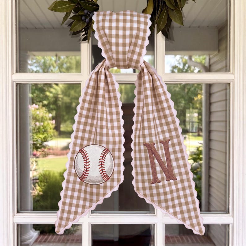 Tailgate Fall Porch Decor, Tan Checkered Sash with Embroidered Football & Custom Monogram Initial