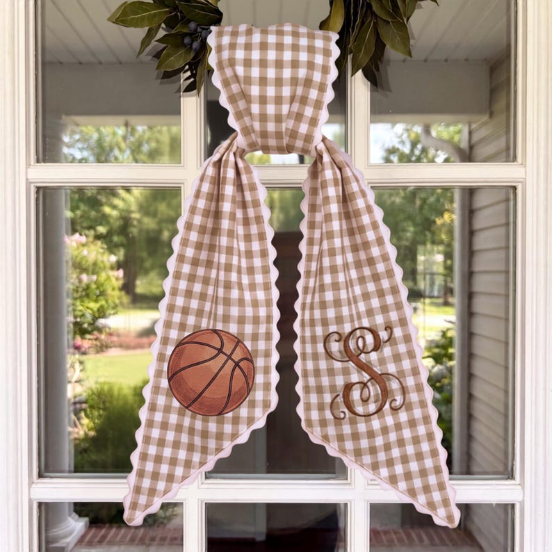 Tailgate Fall Porch Decor, Tan Checkered Sash with Embroidered Football & Custom Monogram Initial