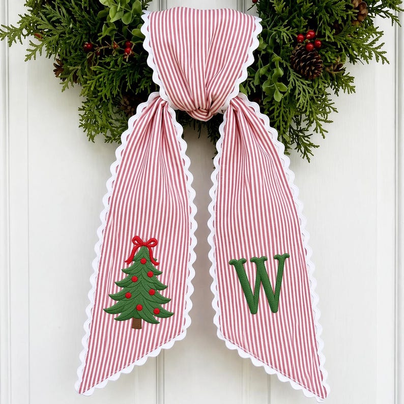 Embroidered Wreath Sash , All Season Door Decor, Seasonal Sashes Wreath, Happy Holiday Sash
