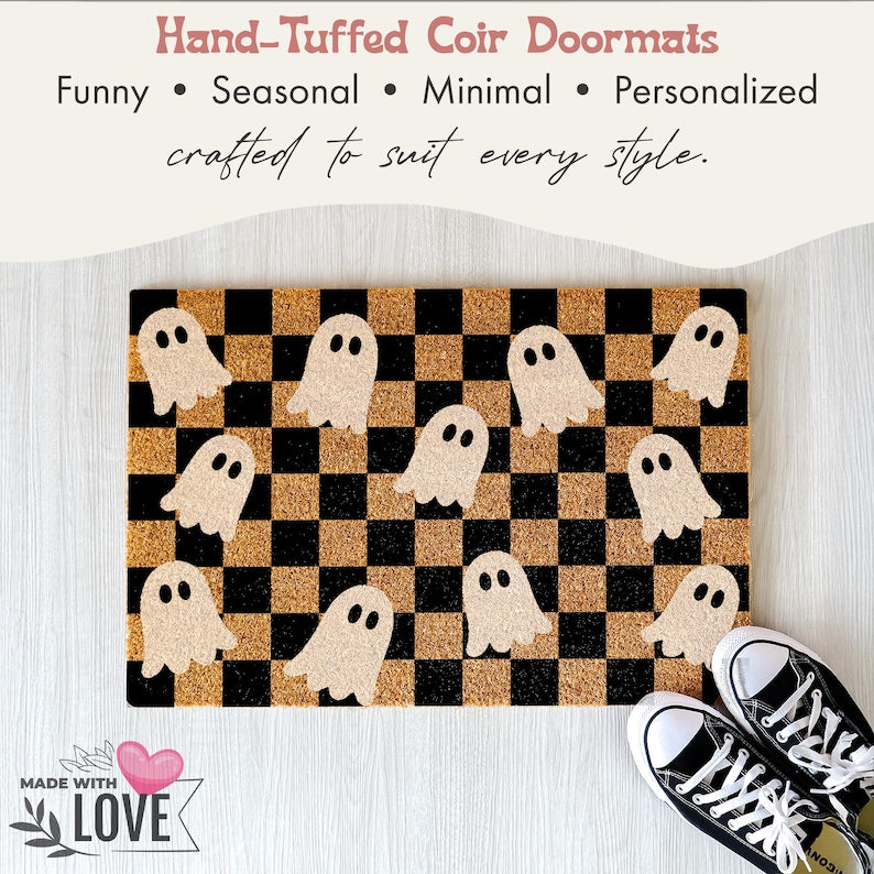 Checkerboard Ghost Coir Doormat, Halloween Welcome Mat, Spooky Front Door Decor
