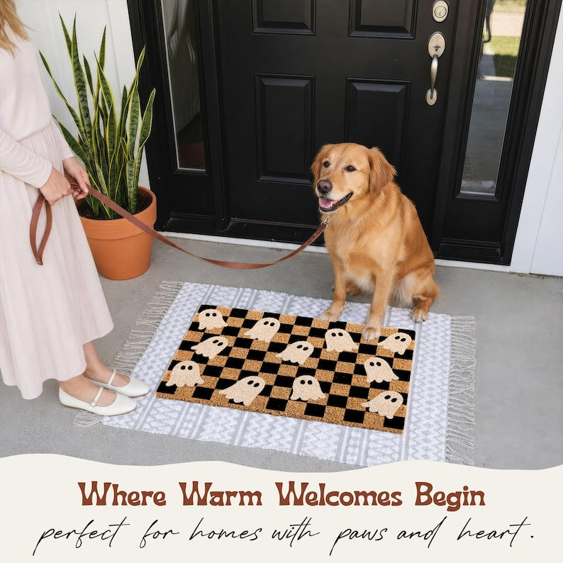 Checkerboard Ghost Coir Doormat, Halloween Welcome Mat, Spooky Front Door Decor