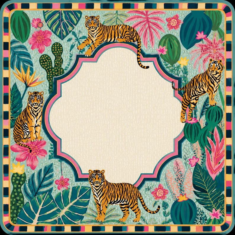 Tiger Jungle Mahjong Mat, Tropical Botanical Game Table Mat, Safari Wild Cat Decor