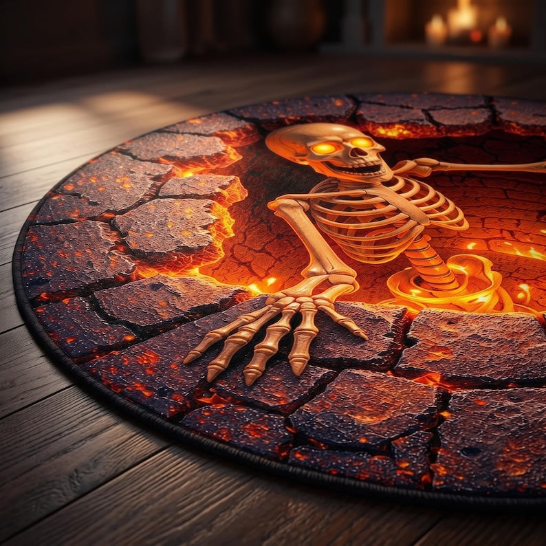 3D Illusion Skeleton Lava Pit Round Rug, Skull Fire Pit Optical Illusion Carpet, Gothic Horror Halloween Home Decor Circular Area Rug