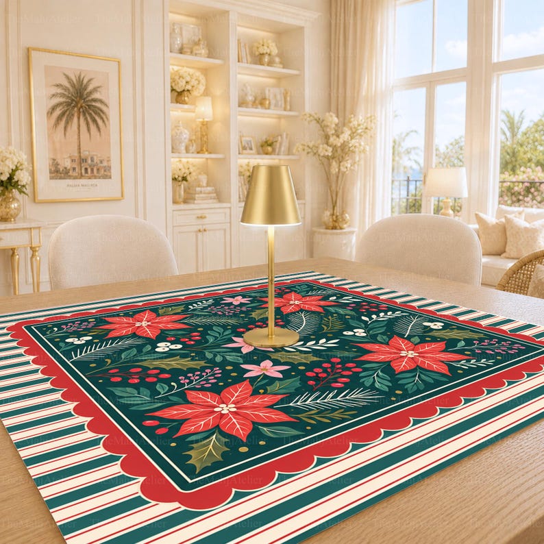 Poinsettia Christmas Mahjong Mat, Holiday Floral Mah Jongg Table Cover, Red Green Game Mat