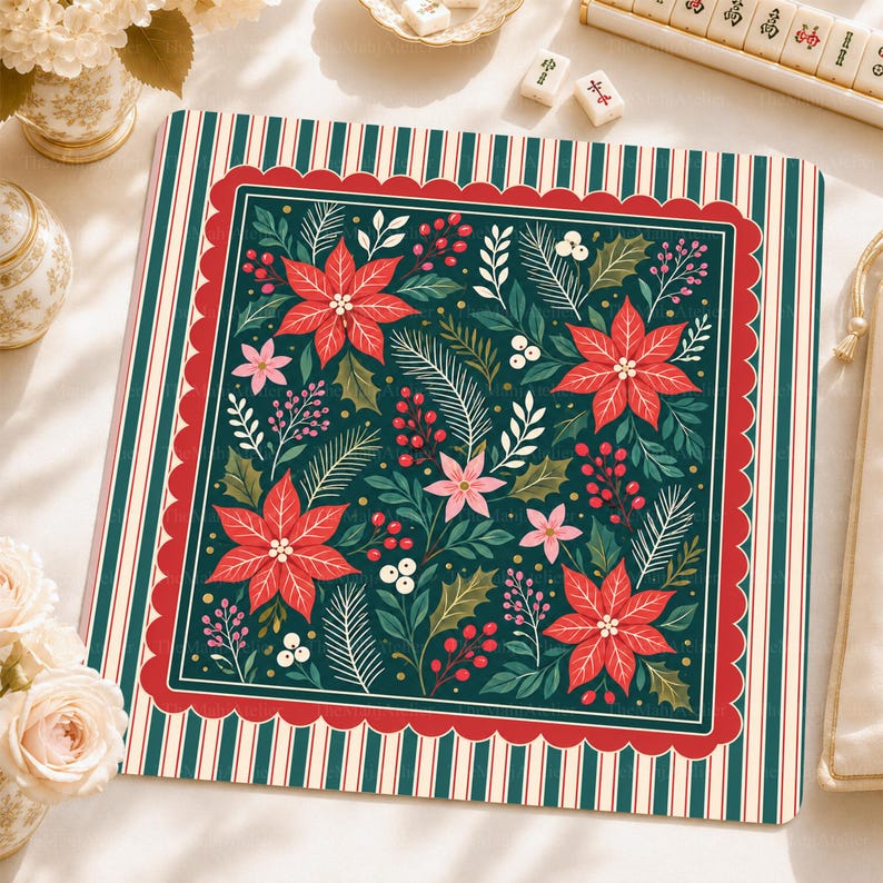 Poinsettia Christmas Mahjong Mat, Holiday Floral Mah Jongg Table Cover, Red Green Game Mat
