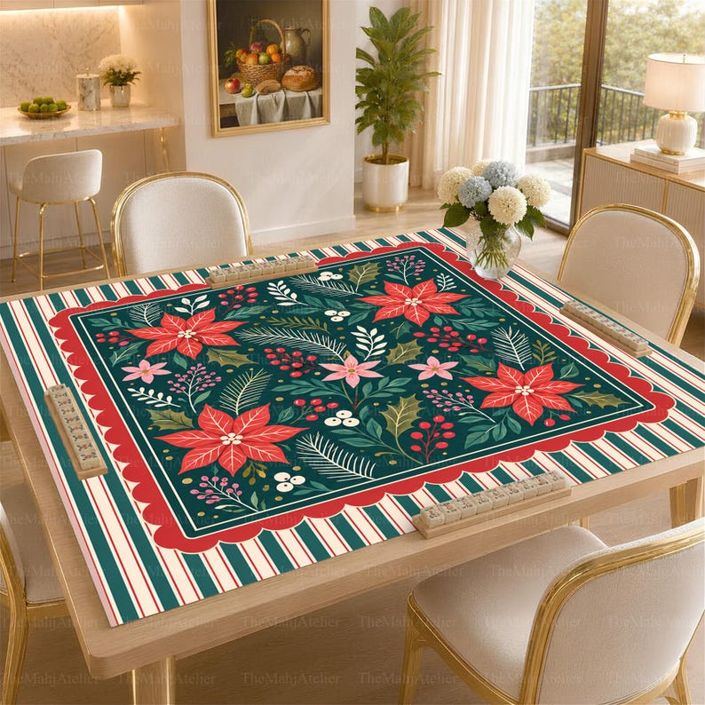 Poinsettia Christmas Mahjong Mat, Holiday Floral Mah Jongg Table Cover, Red Green Game Mat