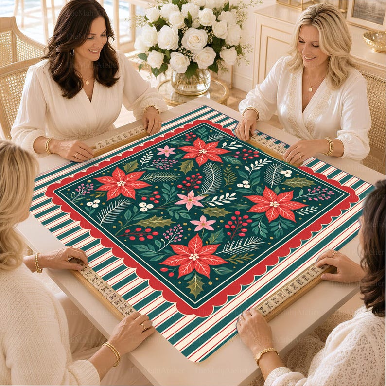 Poinsettia Christmas Mahjong Mat, Holiday Floral Mah Jongg Table Cover, Red Green Game Mat