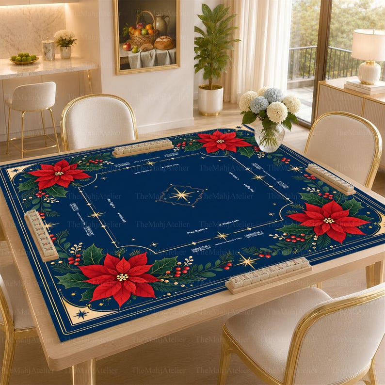 Poinsettia Christmas Mahjong Mat, Navy Holiday Floral Mah Jongg Table Cover, Winter Game Mat