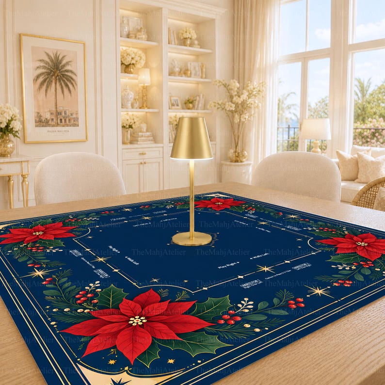 Poinsettia Christmas Mahjong Mat, Navy Holiday Floral Mah Jongg Table Cover, Winter Game Mat