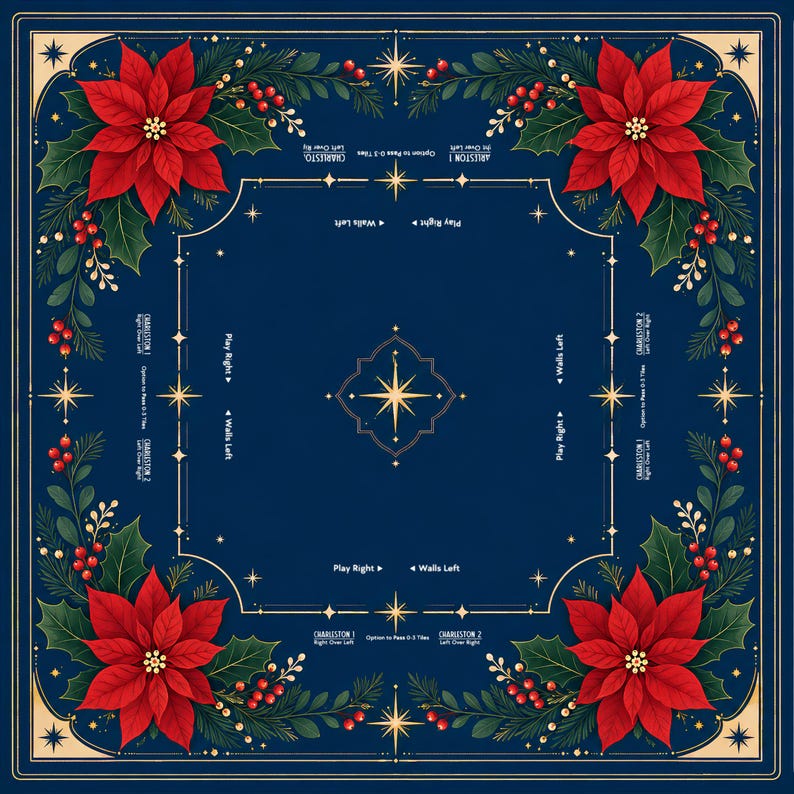 Poinsettia Christmas Mahjong Mat, Navy Holiday Floral Mah Jongg Table Cover, Winter Game Mat