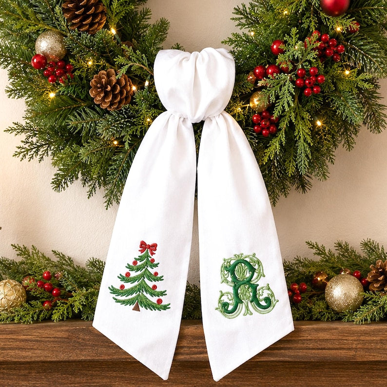 Personalized Christmas Tree Wreath Sash, Embroidered Christmas Monogram Sash, Holiday Front Door Decor