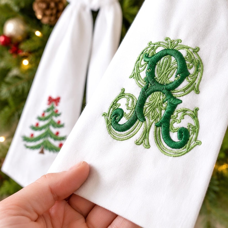 Personalized Christmas Tree Wreath Sash, Embroidered Christmas Monogram Sash, Holiday Front Door Decor