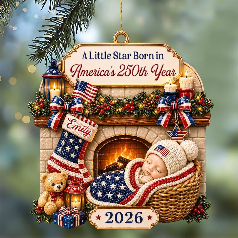 A Little Star Born in America’s 250th Year, Personalized Baby Christmas Ornament, 3D Relief Print