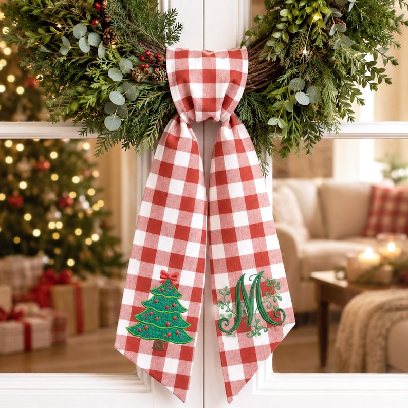 Embroidered Christmas Tree Wreath Sash, Personalize Monogram Christmas Deco, Christmas Scarf For Wreath