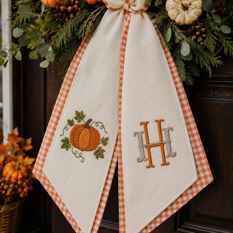 Embroidered Monogrammed Pumpkin Halloween Thanksgiving Fall Wreath Sash, Sash Pumpkin Personalized Holiday Gift