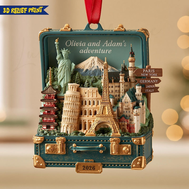 Personalized Traveling Destination Ornament, Couple Traveling Christmas, New Adventure, 3D Relief Ornament