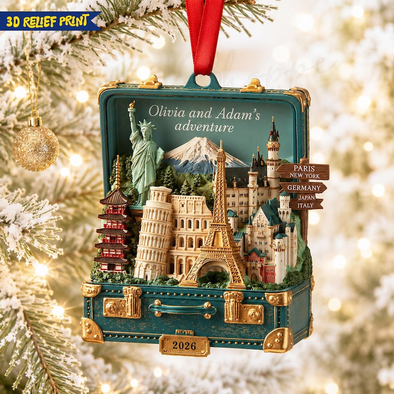 Personalized Traveling Destination Ornament, Couple Traveling Christmas, New Adventure, 3D Relief Ornament
