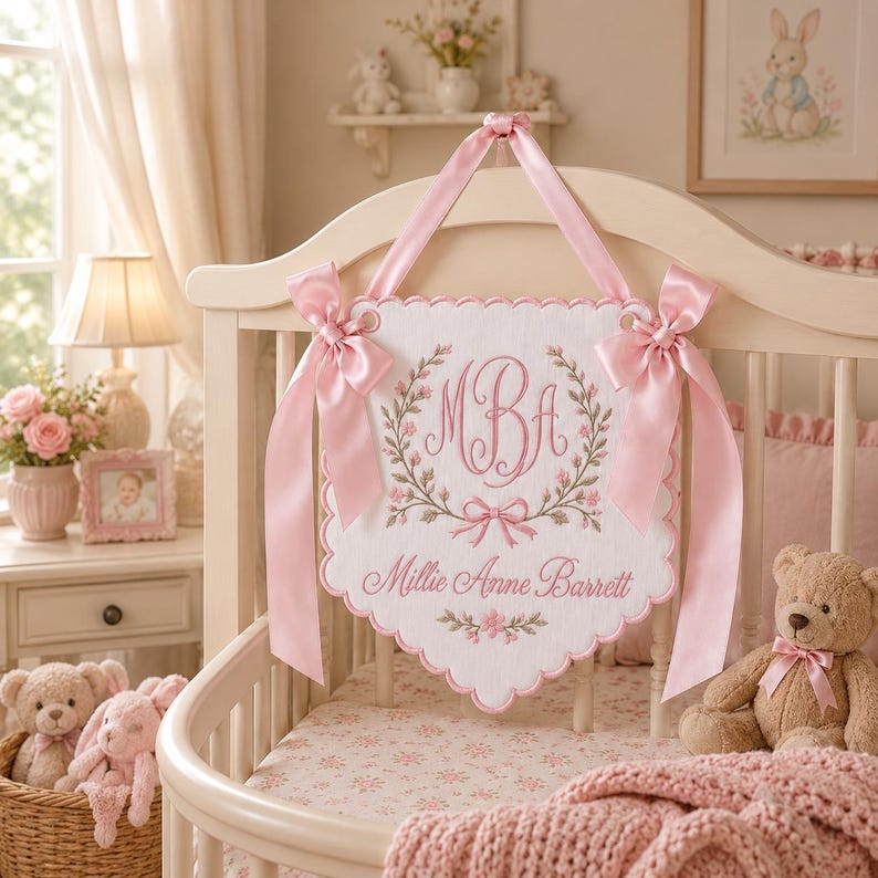 Personalized Baby Nursery Wall Hanging, Custom Embroidered Baby Name Banner, Floral Monogram Nursery Decor