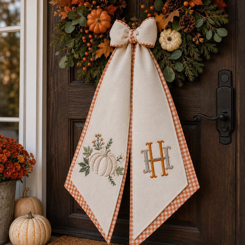 Embroidered Monogrammed White Pumpkin Thanksgiving Fall Wreath Sash, Autumn Sash Pumpkin Personalized Holiday Gift