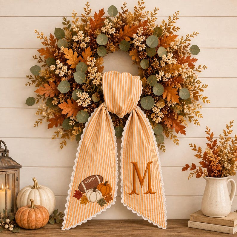 Personalized Fall Kick Off Wreath Sash, Football Pumpkin Embroidered Wreath Bow, Custom Monogram Front Door Porch Decor