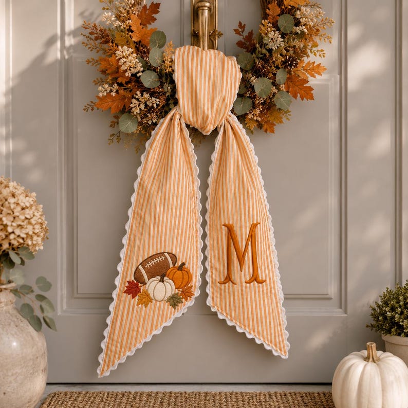 Personalized Fall Kick Off Wreath Sash, Football Pumpkin Embroidered Wreath Bow, Custom Monogram Front Door Porch Decor