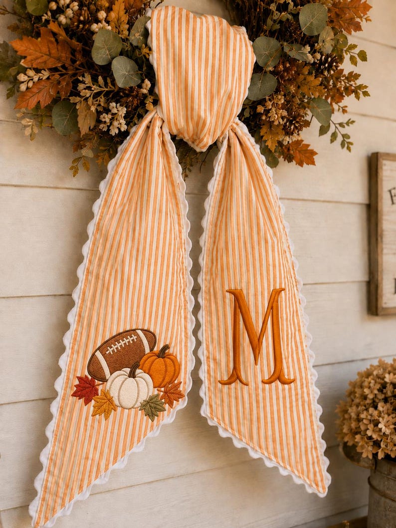 Personalized Fall Kick Off Wreath Sash, Football Pumpkin Embroidered Wreath Bow, Custom Monogram Front Door Porch Decor