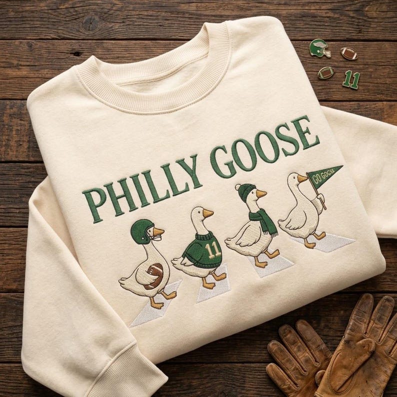 Embroidered Philly Goose Sweatshirt, Funny Philadelphia Football Crewneck, Go Birds Mascot Green Pullover