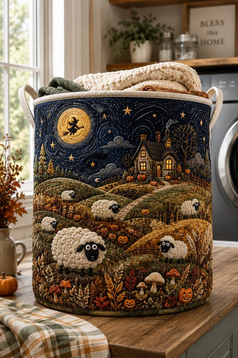 Halloween Sheep Quilted Laundry Hamper, Spooky Meadow Hamper, Sheep Theme Basket