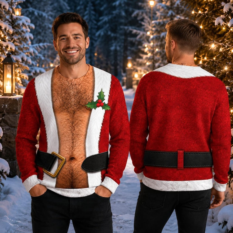 Funny Hairy Chest Santa Christmas Sweater, Realistic 3D Print Red Suit Sweatshirt, Hilarious Holiday Party Outfit, White Elephant Gag