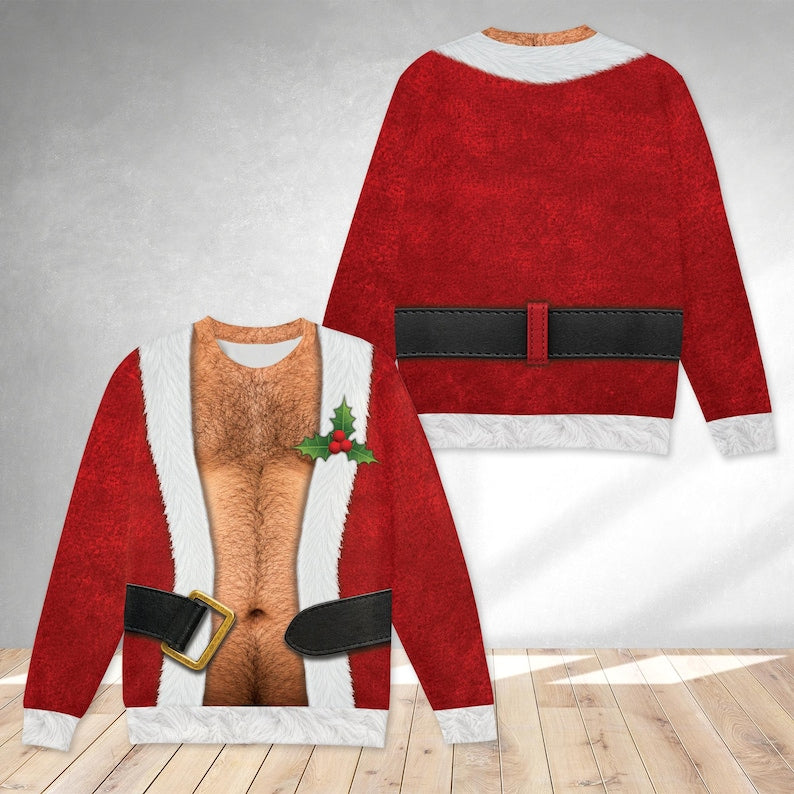 Funny Hairy Chest Santa Christmas Sweater, Realistic 3D Print Red Suit Sweatshirt, Hilarious Holiday Party Outfit, White Elephant Gag