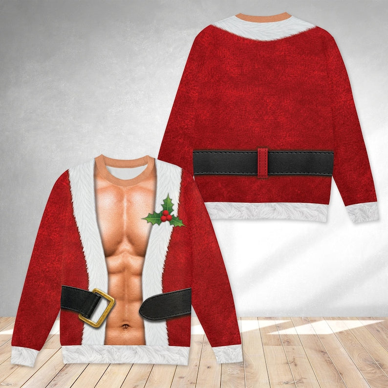 Funny Hairy Chest Santa Christmas Sweater, Realistic 3D Print Red Suit Sweatshirt, Hilarious Holiday Party Outfit, White Elephant Gag