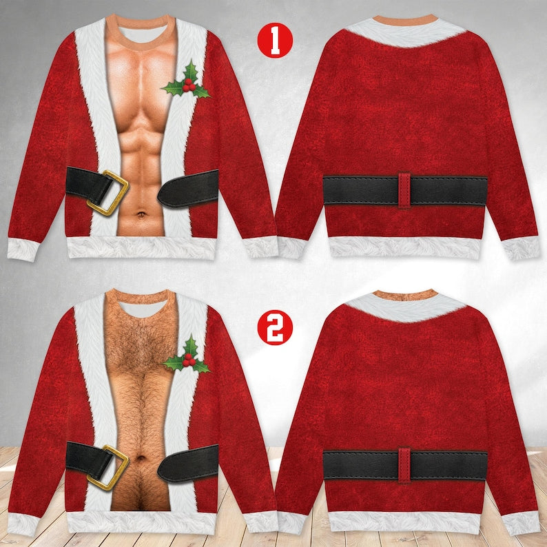 Funny Hairy Chest Santa Christmas Sweater, Realistic 3D Print Red Suit Sweatshirt, Hilarious Holiday Party Outfit, White Elephant Gag