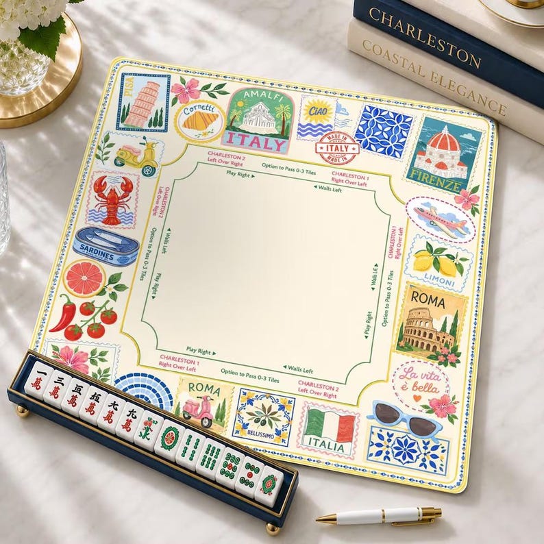 Personalized Italy Mahjong Mat, Amalfi Lemon Non-Slip Table Cover, Italian Travel Table Mat Gift