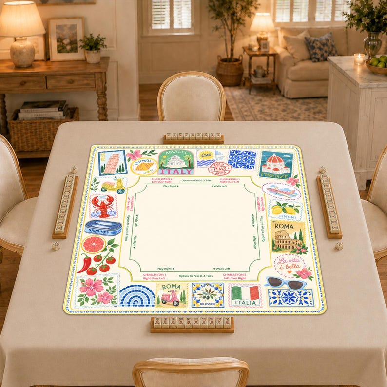 Personalized Italy Mahjong Mat, Amalfi Lemon Non-Slip Table Cover, Italian Travel Table Mat Gift