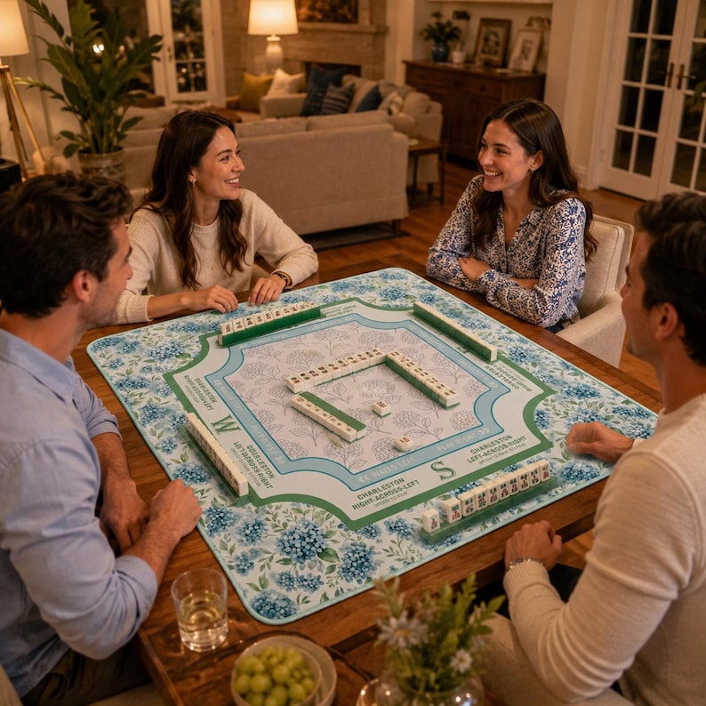 Blue Hydrangea garden Mahjong Mat, American Mahjong Table Mat with Charleston Instructions, Floral Compass Mahj Mat