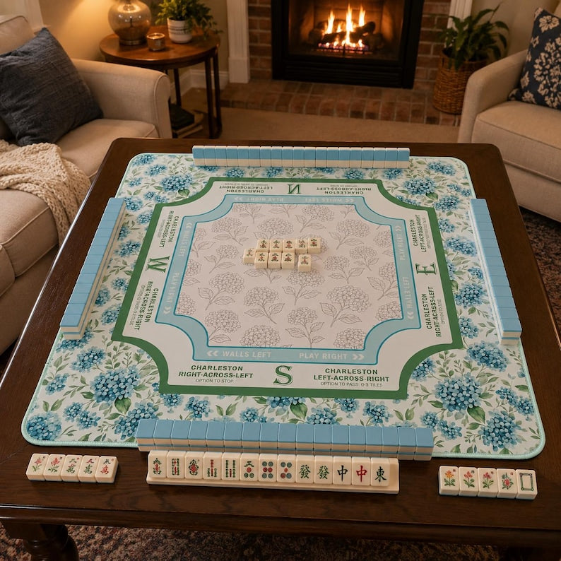 Blue Hydrangea garden Mahjong Mat, American Mahjong Table Mat with Charleston Instructions, Floral Compass Mahj Mat
