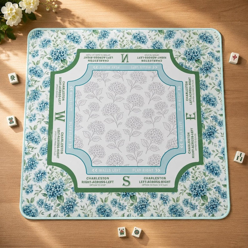 Blue Hydrangea garden Mahjong Mat, American Mahjong Table Mat with Charleston Instructions, Floral Compass Mahj Mat