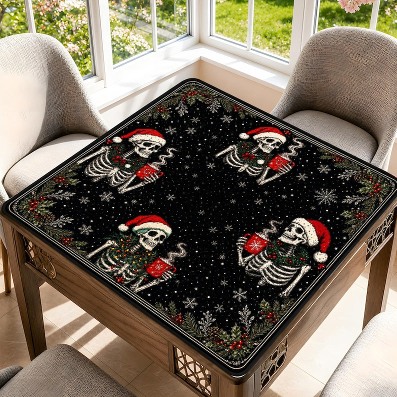 Christmas Skeleton Mahjong Mat, Goth Holiday Table Cover, Dark Academia Game Room Decor, Spooky Xmas Gift