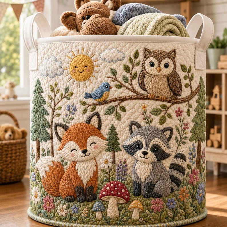 Quilted Nursery Laundry Basket, Animal Toy Storage Bin, Forest Ocean Nursery Decor, Unique Baby Shower Gift