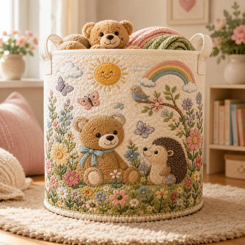 Quilted Nursery Laundry Basket, Animal Toy Storage Bin, Forest Ocean Nursery Decor, Unique Baby Shower Gift